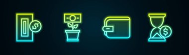 Hattı belirle, madeni parayı yerleştir, tencereyi yerleştir, cüzdanı ve kum saatini dolarla doldur. Parlayan neon ikonu. Vektör