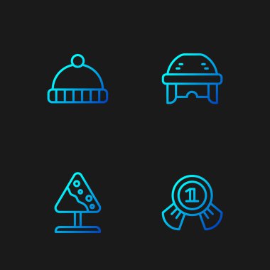 Set hattı madalyası, yol tabelası çığ, kış şapkası ve hokey kaskı. Renk simgeleri. Vektör