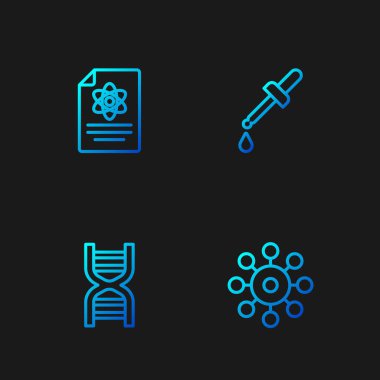 Satır Virüsü, DNA sembolü, Kimya raporu ve Pipette. Renk simgeleri. Vektör