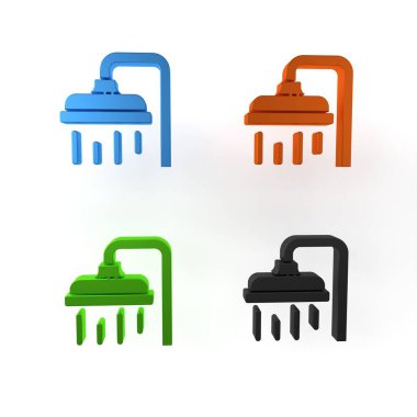 Beyaz arka planda su damlaları akan renkli duş başlığı izole edildi. Minimalizm kavramı. 3 Boyutlu resimleme