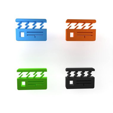 Renkli Film alkışlayıcı simgesi beyaz arkaplanda izole edildi. Film alkışlama tahtası. Alkış tahtası işareti. Sinema yapımı ya da medya endüstrisi. Minimalizm kavramı. 3 Boyutlu resimleme