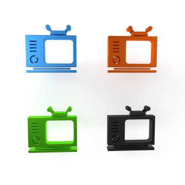 Beyaz arkaplanda renkli Retro TV simgesi izole edildi. Televizyon tabelası. Minimalizm kavramı. 3 Boyutlu resimleme