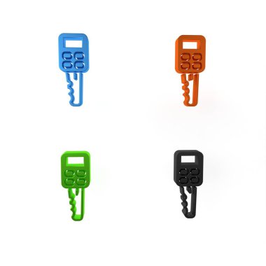 Uzaktan kumandalı renkli araba anahtarı beyaz arkaplanda izole edilmiş. Araba anahtarı ve alarm sistemi. Minimalizm kavramı. 3 Boyutlu resimleme