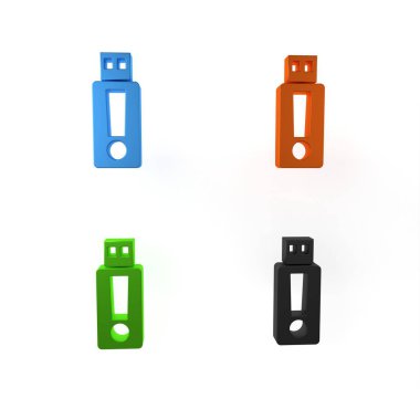 Beyaz arkaplanda renkli USB flash disk simgesi izole edildi. Minimalizm kavramı. 3 Boyutlu resimleme