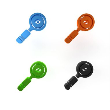 Beyaz arkaplanda izole edilmiş renkli büyüteç simgesi. Arama, odaklanma, yakınlaştırma, iş sembolü. Minimalizm kavramı. 3 Boyutlu resimleme