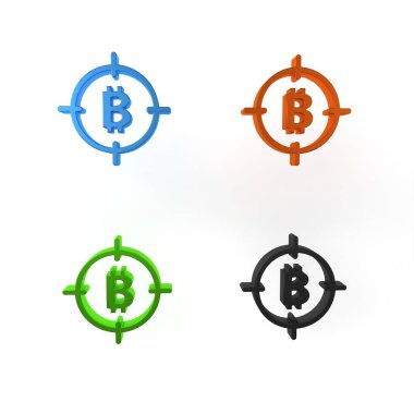 Hedef simgedeki renkli Bitcoin beyaz arkaplanda izole edildi. Yatırım hedef simgesi. Minimalizm kavramı. 3 Boyutlu resimleme