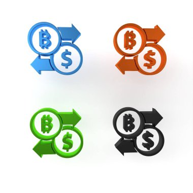 Beyaz arkaplanda izole edilmiş renkli Kripto döviz simgesi. Bitcoin 'den dolar takas simgesine. Kripto para teknolojisi, mobil bankacılık. Minimalizm kavramı. 3 Boyutlu resimleme