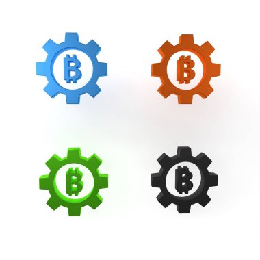 Beyaz arkaplanda izole edilmiş renkli Şifreleme Para Simgesi Bitcoin simgesi. Vites ve Bitcoin ayarı. Engelleme zinciri tabanlı şifreli para birimi. Minimalizm kavramı. 3 Boyutlu resimleme
