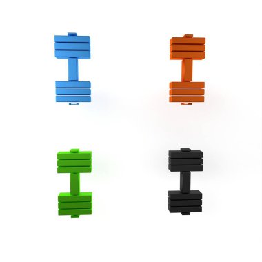 Beyaz arkaplanda renkli Dumbbell simgesi izole edildi. Kas kaldırma ikonu, fitness halteri, spor aletleri, egzersiz yaban domuzu. Minimalizm kavramı. 3 Boyutlu resimleme