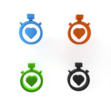 Merkezdeki renkli kalp kronometre simgesi beyaz arkaplanda izole edildi. Sevgililer Günü. Minimalizm kavramı. 3 Boyutlu resimleme