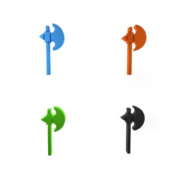 Beyaz arka planda izole edilmiş renkli Ortaçağ balta simgesi. Savaş baltası, cellat baltası. Ortaçağ silahı. Minimalizm kavramı. 3 Boyutlu resimleme