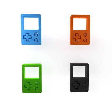 Renkli Portable tetris elektronik oyun simgesi beyaz arkaplanda izole edildi. Klasik bir cep tuğlası oyunu. Etkileşimli oyun aygıtı. Minimalizm kavramı. 3 Boyutlu resimleme