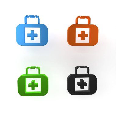 Renkli ilk yardım çantası simgesi beyaz arkaplanda izole edildi. Haçlı sağlık kutusu. Acil durumlar için tıbbi ekipman. Sağlık sigortası konsepti. Minimalizm kavramı. 3 Boyutlu resimleme