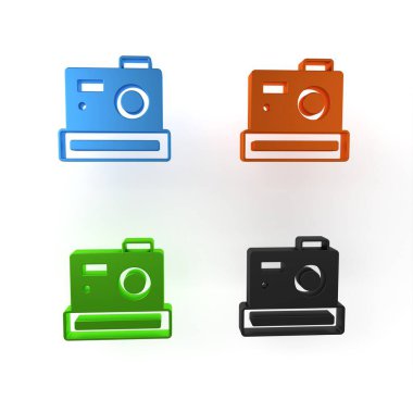 Beyaz arkaplanda renkli fotoğraf makinesi simgesi izole edildi. Foto kamera. Dijital fotoğrafçılık. Minimalizm kavramı. 3 Boyutlu resimleme