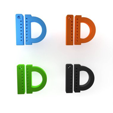 Beyaz arkaplanda izole edilmiş derece simgesini ölçmek için renkli açıcı ızgarası. Eğim ölçer. Ölçme aleti. Geometrik sembol. Minimalizm kavramı. 3 Boyutlu resimleme