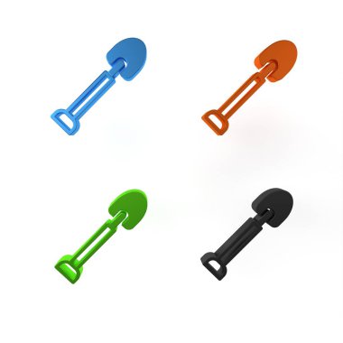 Renkli Kürek simgesi beyaz arkaplanda izole edildi. Bahçe aletleri. Bahçecilik, tarım, çiftçilik aleti. Minimalizm kavramı. 3 Boyutlu resimleme