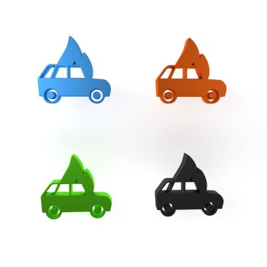 Colorful Burning car icon isolated on white background. Car on fire. Broken auto covered with fire and smoke. Minimalism concept. 3D render illustration clipart