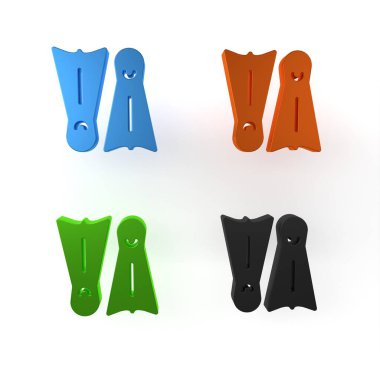 Yüzme ikonu için renkli plastik yüzgeçler beyaz arka planda izole edilmiş. Dalış ekipmanları. Olağanüstü bir spor. Su altı ekipmanları. Minimalizm kavramı. 3 Boyutlu resimleme