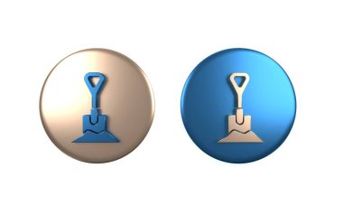 Zemin simgesindeki renkli kürek beyaz arkaplanda izole edilmiş. Bahçe aletleri. Bahçecilik, tarım, çiftçilik aleti. Çember düğmesi. 3 Boyutlu resimleme