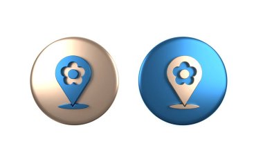 Beyaz arkaplanda çiçek simgesi olan renkli konum. Çember düğmesi. 3 Boyutlu resimleme