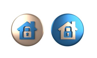 Beyaz arka planda izole edilmiş renkli ev koruma simgesi altında. Eve git ve kilitle. Koruma, güvenlik, güvenlik, koruma, savunma konsepti. Çember düğmesi. 3 Boyutlu resimleme