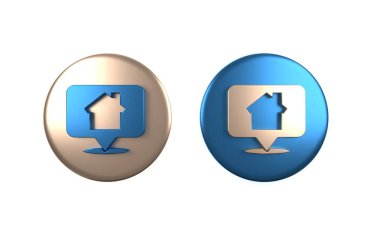 Beyaz arkaplanda ev simgesi olan renkli harita işaretçisi. Ev konumu belirleyici sembol. Çember düğmesi. 3 Boyutlu resimleme