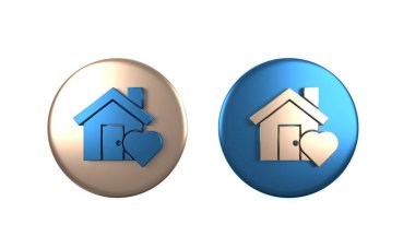 Beyaz arka planda kalp şekli ikonu olan renkli bir ev. Aşk ev sembolü. Aile, emlak ve gayrimenkul. Çember düğmesi. 3 Boyutlu resimleme