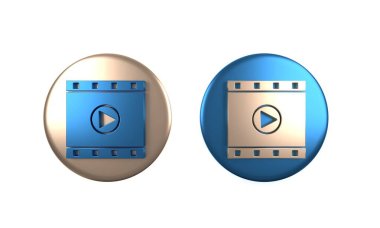 Renkli Oynat video simgesi beyaz arkaplanda izole edildi. Film şeridi tabelası. Çember düğmesi. 3 Boyutlu resimleme