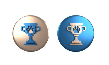 Beyaz arkaplanda izole edilmiş renkli evcil hayvan ödül simgesi. Köpek ayak izli madalya, evcil hayvan sergisinin kazanan konsepti. Çember düğmesi. 3 Boyutlu resimleme