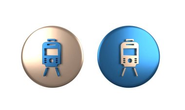 Beyaz arka planda renkli Tram ve demiryolu ikonu izole edildi. Toplu taşıma sembolü. Çember düğmesi. 3 Boyutlu resimleme