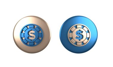 Beyaz arka planda dolar sembolü olan renkli kumarhane çipi. Kumarhane kumarı. Çember düğmesi. 3 Boyutlu resimleme