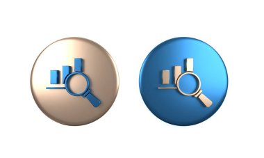 Beyaz zemin üzerinde izole edilmiş renkli büyüteç ve veri analiz simgesi. Çember düğmesi. 3 Boyutlu resimleme