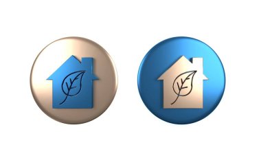 Renkli çevre dostu ev simgesi beyaz arka planda izole edildi. Yapraklı eko ev. Çember düğmesi. 3 Boyutlu resimleme