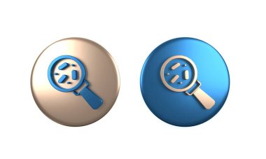 Beyaz zemin üzerinde izole edilmiş büyüteç simgesi altındaki renkli mikroorganizmalar. Bakteri ve mikroplar, hücre kanseri, mikrop, virüs, mantar. Çember düğmesi. 3 Boyutlu resimleme