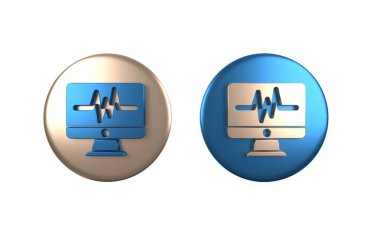 Beyaz arkaplanda kardiyogram simgesi olan renkli bilgisayar monitörü. Simge denetleniyor. Kalp atışı elle çizilmiş EKG monitörü. Çember düğmesi. 3 Boyutlu resimleme