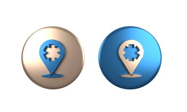 Beyaz arka planda hastane çapraz ikonu olan renkli tıbbi harita işaretçisi. Çember düğmesi. 3 Boyutlu resimleme