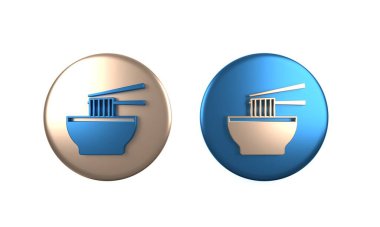 Kasede renkli Asya erişteleri ve beyaz arka planda izole edilmiş yemek çubukları ikonu. Sokak yemeği. Kore, Japon, Çin yemekleri. Çember düğmesi. 3 Boyutlu resimleme