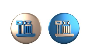 Beyaz arkaplanda izole edilmiş bavul simgesiyle renkli ölçeklendirme. Lojistik ve teslimat. Dağıtım paketinin ağırlığı bir ölçekte. Çember düğmesi. 3 Boyutlu resimleme