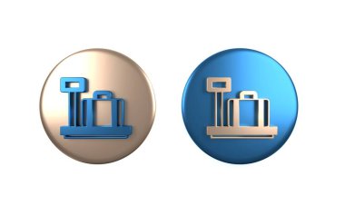 Beyaz arkaplanda izole edilmiş bavul simgesiyle renkli ölçeklendirme. Lojistik ve teslimat. Dağıtım paketinin ağırlığı bir ölçekte. Çember düğmesi. 3 Boyutlu resimleme