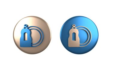 Beyaz arka planda izole edilmiş renkli bulaşık deterjanı ve tabak ikonu. Bulaşık yıkamak için sıvı deterjan. Çember düğmesi. 3 Boyutlu resimleme