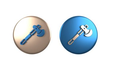 Beyaz arkaplanda izole edilmiş renkli tahta balta simgesi. Oduncu baltası. Çember düğmesi. 3 Boyutlu resimleme