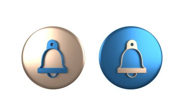 Beyaz arka planda izole edilmiş renkli kilise çan simgesi. Alarm sembolü, servis zili, el zili işareti, uyarı sembolü. Çember düğmesi. 3 Boyutlu resimleme