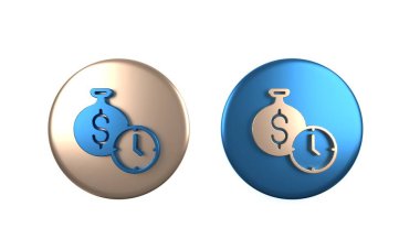 Renkli Saat, beyaz arkaplanda izole edilmiş para simgesidir. Para zamandır. Etkili zaman yönetimi. Zamanı paraya çevir. Çember düğmesi. 3 Boyutlu resimleme