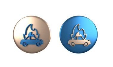 Colorful Burning car icon isolated on white background. Insurance concept. Car on fire. Broken auto covered with fire and smoke. Circle button. 3D render illustration clipart