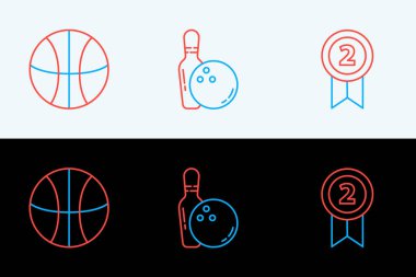 Set hattı madalyası, basketbol topu, bovling broşu ve ikonu. Vektör