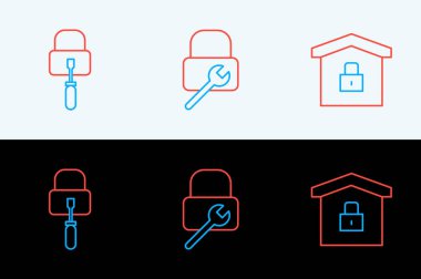 Set line House under protection, Lock picks for lock picking and repair icon. Vector clipart