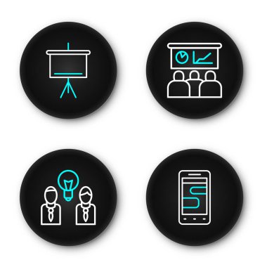 Telefondan Sohbet mesajlarını ayarla. Ampullü, eğitimli, sunum yapan ve yazı tahtası simgesi olan insanlar. Vektör