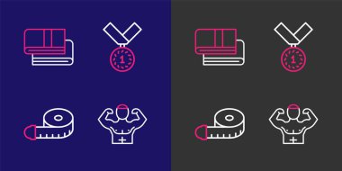 Vücut geliştirici kas, mezura, Madalya ve havlu yığını simgesi. Vektör