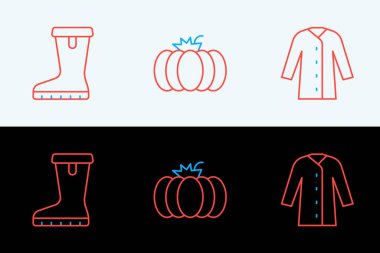 Çizgi yağmurluk, su geçirmez lastik bot ve balkabağı ikonu. Vektör