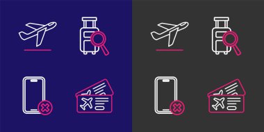 Set line Airline ticket, No cell phone, Lost baggage and Plane takeoff icon. Vector clipart